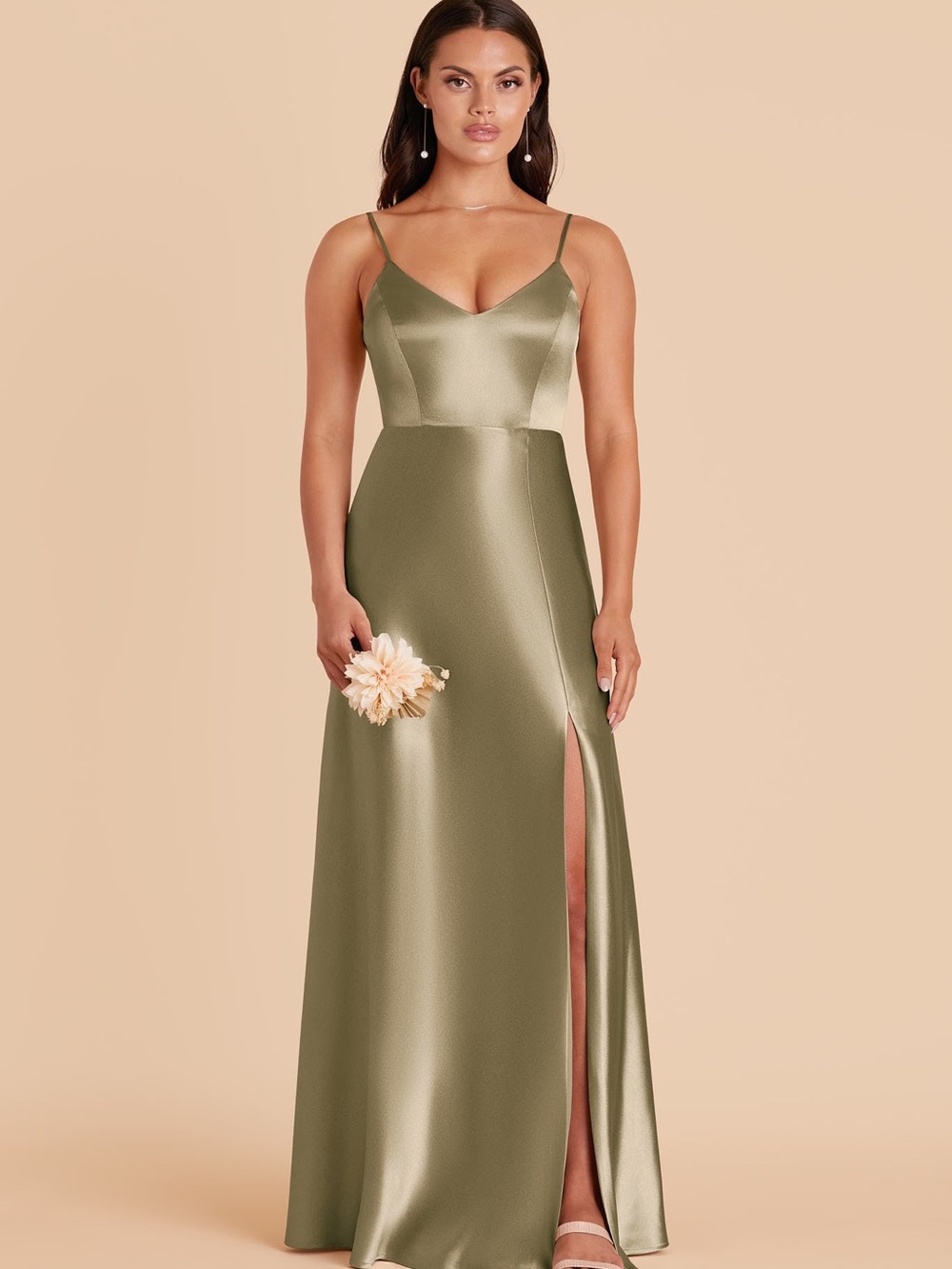 Birdie Grey Jay Dress, Satin Maxi Dress with Slit, Moss Green